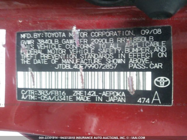 JTDBL40E799072857 - 2009 TOYOTA COROLLA LE/XLE BURGUNDY photo 9