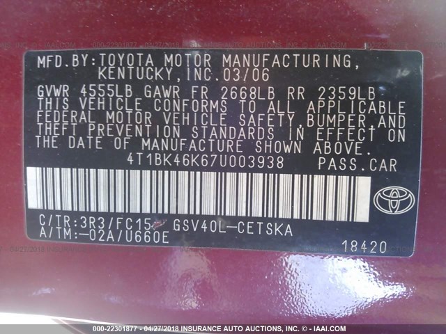 4T1BK46K67U003938 - 2007 TOYOTA CAMRY NEW GENERAT LE/XLE/SE RED photo 9