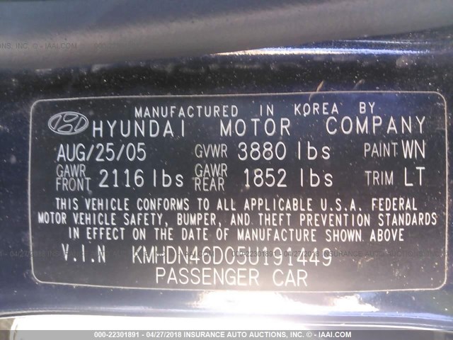 KMHDN46D05U191449 - 2005 HYUNDAI ELANTRA GLS/GT BLUE photo 9