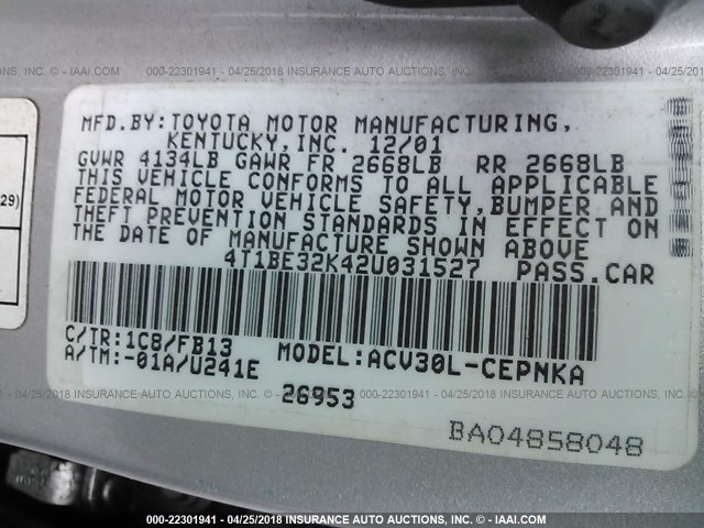 4T1BE32K42U031527 - 2002 TOYOTA CAMRY LE/XLE/SE GRAY photo 9