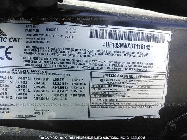 4UF13SNWXDT116145 - 2013 ARCTIC CAT SNOWPRO 800  BLACK photo 9