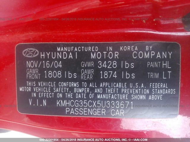 KMHCG35CX5U333671 - 2005 HYUNDAI ACCENT GS RED photo 9