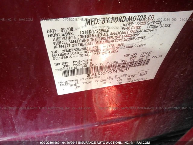 2FMDK52C79BA30801 - 2009 FORD FLEX SEL წითელი ფოტო 9