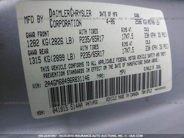 2A4GM68496R831146 - 2006 CHRYSLER PACIFICA TOURING SILVER photo 9