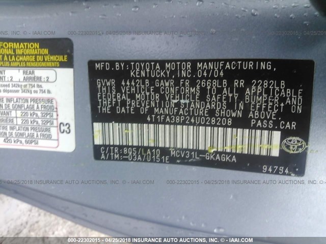 4T1FA38P24U028208 - 2004 TOYOTA CAMRY SOLARA SE/SLE 浅蓝色 照片 9