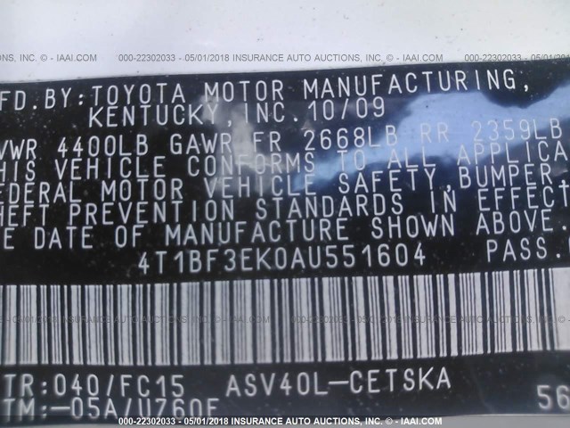 4T1BF3EK0AU551604 - 2010 TOYOTA CAMRY SE/LE/XLE 白色 照片 9
