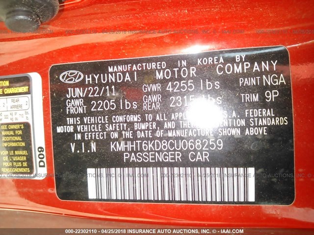 KMHHT6KD8CU068259 - 2012 HYUNDAI GENESIS COUPE 2.0T RED photo 9