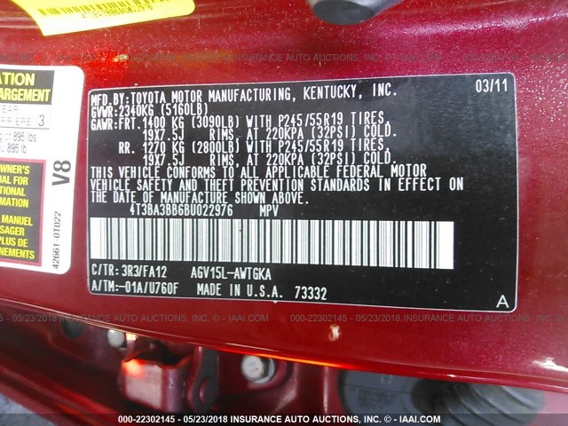 4T3BA3BB6BU022976 - 2011 TOYOTA VENZA RED photo 9