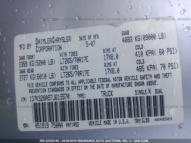 1D7KS28A57J615570 - 2007 DODGE RAM 2500 ST/SLT 银色 照片 9
