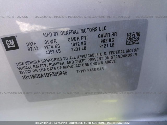 1G11B5SA1DF339945 - 2013 CHEVROLET MALIBU LS SILVER photo 9