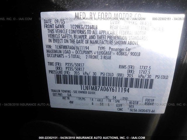 1LNFM87A06Y611194 - 2006 LINCOLN LS BLACK photo 9