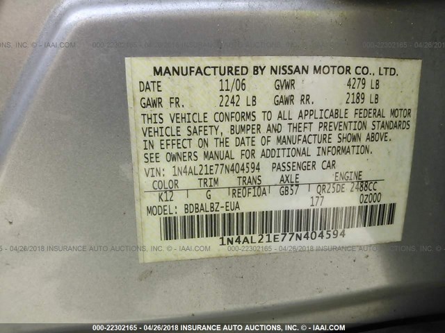 1N4AL21E77N404594 - 2007 NISSAN ALTIMA 2.5/2.5S SILVER photo 9