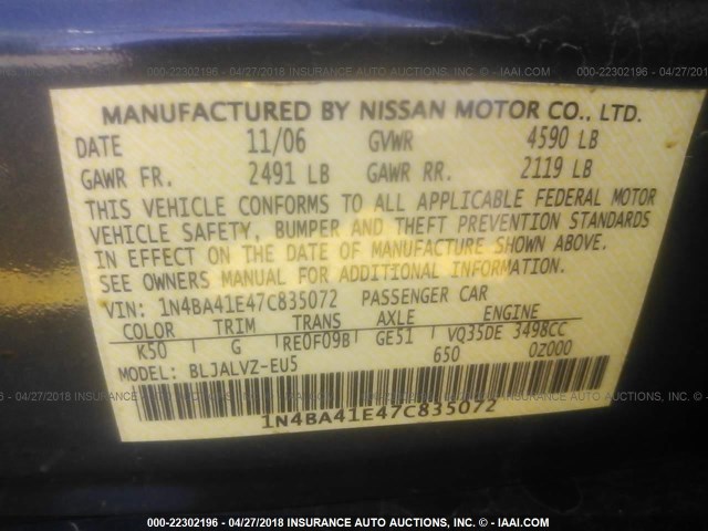 1N4BA41E47C835072 - 2007 NISSAN MAXIMA SE/SL GRAY photo 9