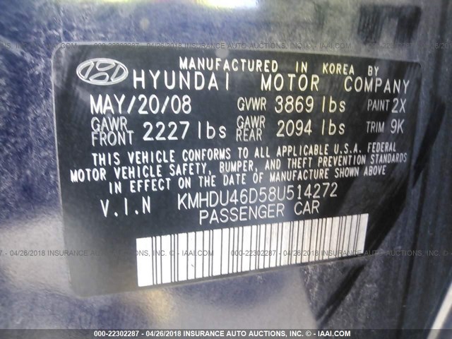 KMHDU46D58U514272 - 2008 HYUNDAI ELANTRA GLS/SE/LIMITED Dark Blue photo 9