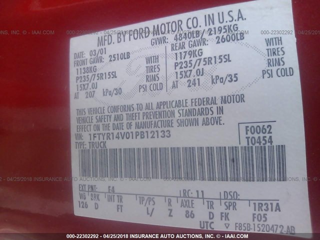 1FTYR14V01PB12133 - 2001 FORD RANGER SUPER CAB RED photo 9