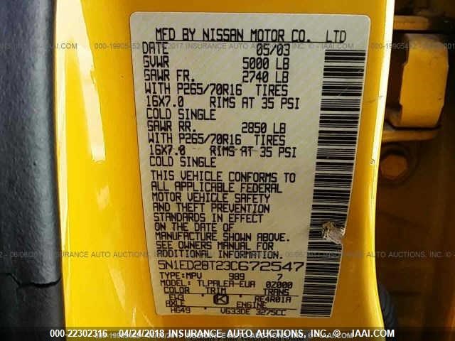 5N1ED28T23C672547 - 2003 NISSAN XTERRA XE/SE YELLOW photo 9