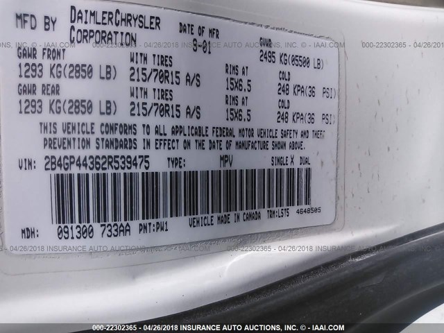 2B4GP44362R539475 - 2002 DODGE GRAND CARAVAN SPORT WHITE photo 9