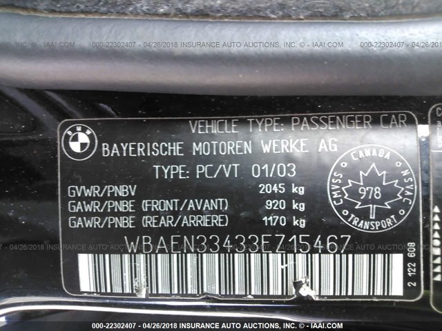 WBAEN33433EZ15467 - 2003 BMW 325 IT BLACK photo 9