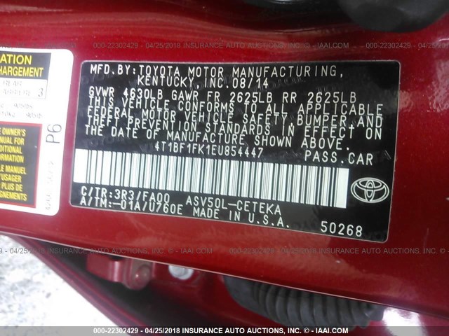 4T1BF1FK1EU854447 - 2014 TOYOTA CAMRY L/SE/LE/XLE 红色 照片 9