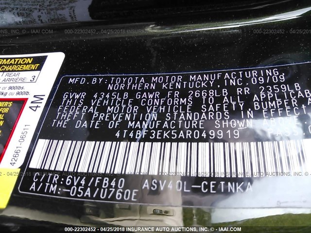 4T4BF3EK5AR049919 - 2010 TOYOTA CAMRY SE/LE/XLE GREEN photo 9