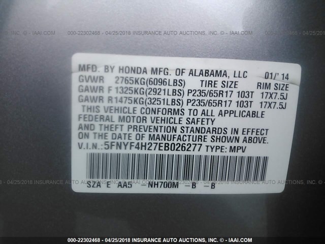 5FNYF4H27EB026277 - 2014 HONDA PILOT LX SILVER photo 9