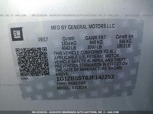 1G1ZB5ST6JF142253 - 2018 CHEVROLET MALIBU LS 银色 照片 9