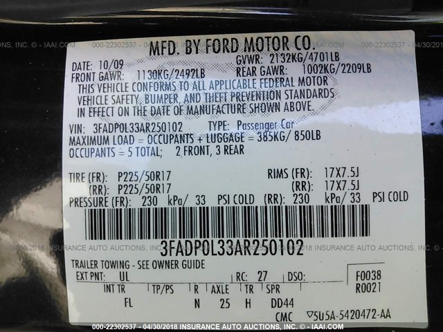 3FADP0L33AR250102 - 2010 FORD FUSION HYBRID BLACK photo 9