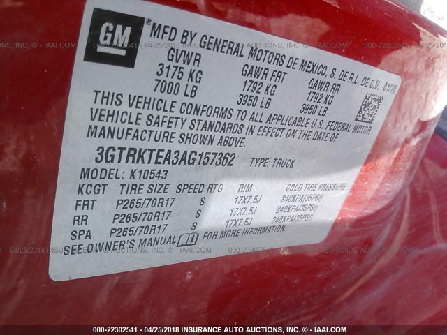 3GTRKTEA3AG157362 - 2010 GMC SIERRA K1500 RED photo 9