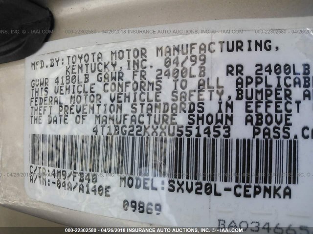 4T1BG22KXXU551453 - 1999 TOYOTA CAMRY CE/LE/XLE 棕色 照片 9