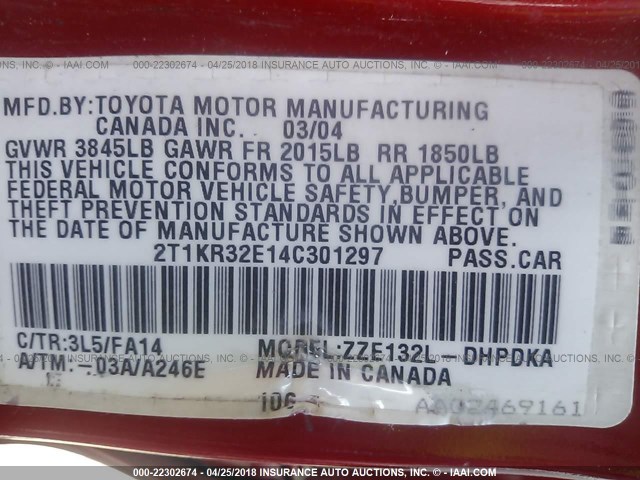 2T1KR32E14C301297 - 2004 TOYOTA COROLLA MATRIX XR RED photo 9