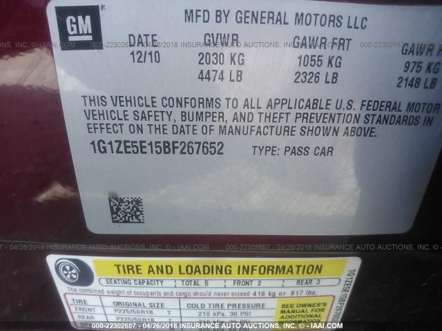 1G1ZE5E15BF267652 - 2011 CHEVROLET MALIBU LTZ 栗色 照片 9