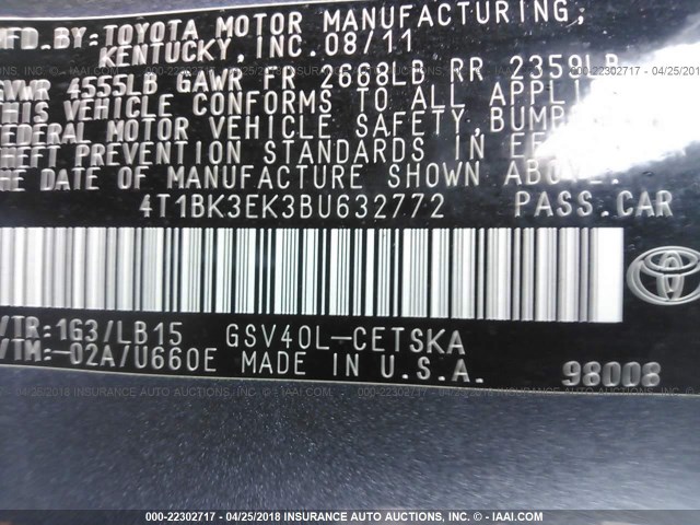 4T1BK3EK3BU632772 - 2011 TOYOTA CAMRY SE/LE/XLE GRAY photo 9