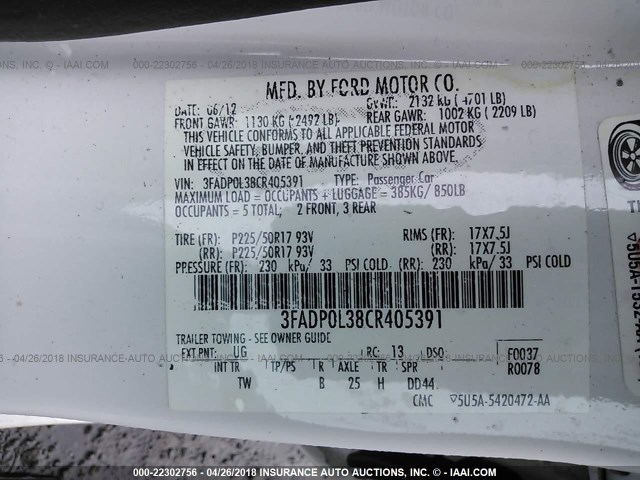 3FADP0L38CR405391 - 2012 FORD FUSION HYBRID WHITE photo 9