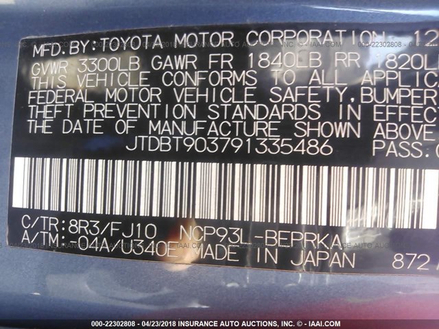 JTDBT903791335486 - 2009 TOYOTA YARIS BLUE photo 9