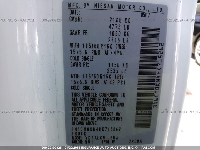 3N6CM0KN4HK715262 - 2017 NISSAN NV200 2.5S/2.5SV WHITE photo 9