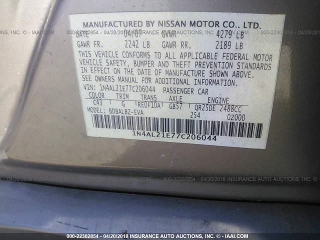 1N4AL21E77C206044 - 2007 NISSAN ALTIMA 2.5/2.5S GRAY photo 9