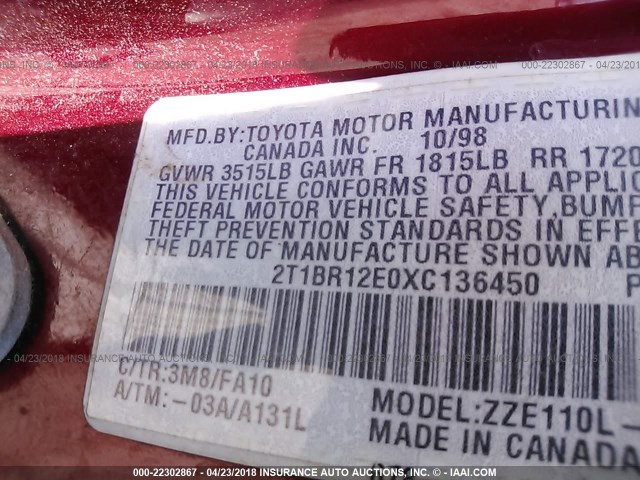 2T1BR12E0XC136450 - 1999 TOYOTA COROLLA VE/CE/LE 栗色 照片 9