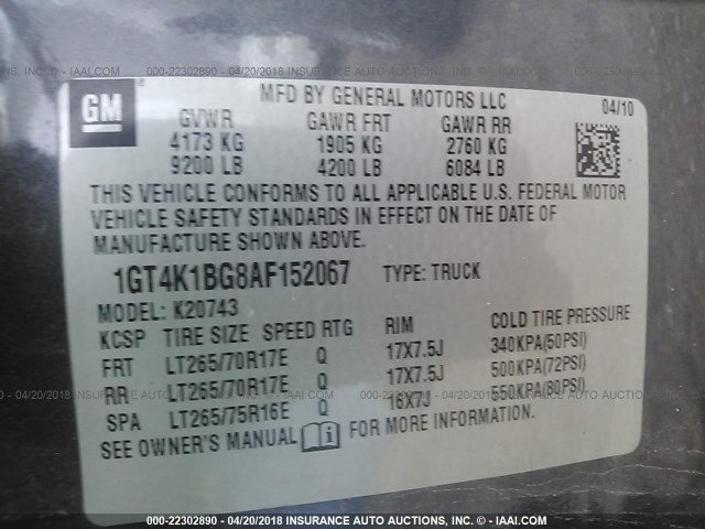 1GT4K1BG8AF152067 - 2010 GMC SIERRA K2500 SLT GRAY photo 9