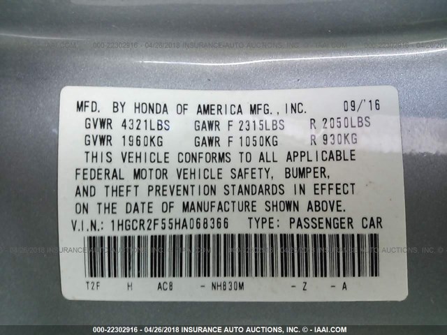 1HGCR2F55HA068366 - 2017 HONDA ACCORD SPORT 银色 照片 9