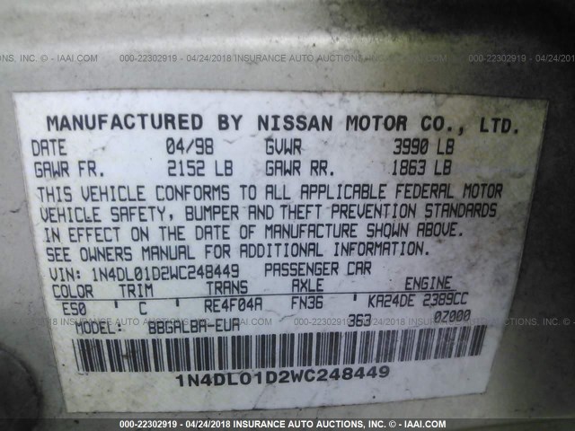 1N4DL01D2WC248449 - 1998 NISSAN ALTIMA XE/GXE/SE/GLE Champagne photo 9