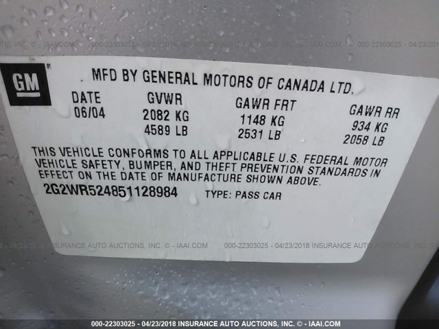 2G2WR524851128984 - 2005 PONTIAC GRAND PRIX GTP SILVER photo 9