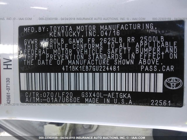 4T1BK1EB7GU224481 - 2016 TOYOTA AVALON XLE PLUS/PREMIUM/TOUR/LTD WHITE photo 9