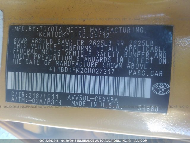 4T1BD1FK2CU027317 - 2012 TOYOTA CAMRY HYBRID/LE/XLE 黄色 照片 9