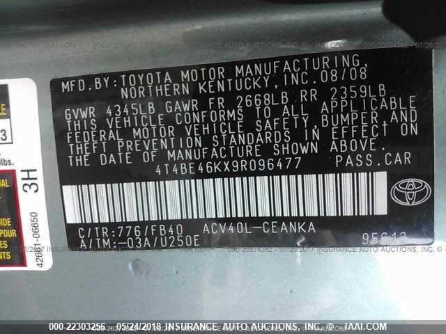 4T4BE46KX9R096477 - 2009 TOYOTA CAMRY SE/LE/XLE 绿色 照片 9