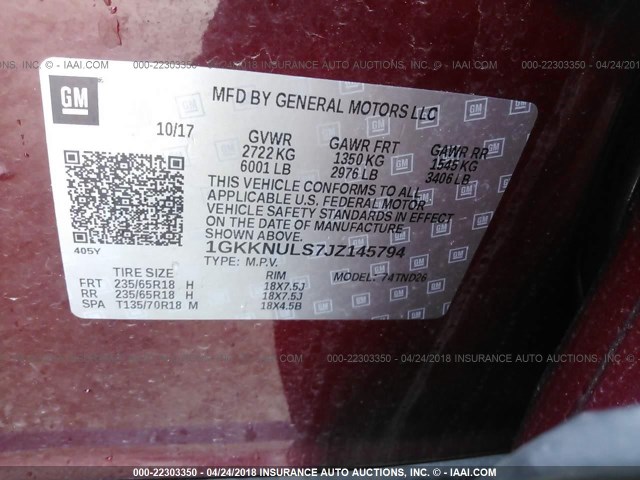 1GKKNULS7JZ145794 - 2018 GMC ACADIA SLT-1 Czerwony zdjęcie 9