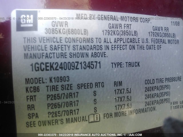 1GCEK24009Z134571 - 2009 CHEVROLET SILVERADO K1500 LT RED photo 9