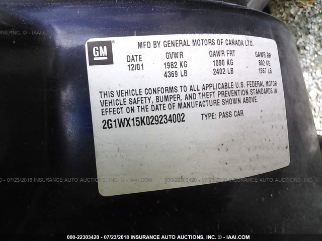 2G1WX15K029234002 - 2002 CHEVROLET MONTE CARLO SS 蓝色 照片 9