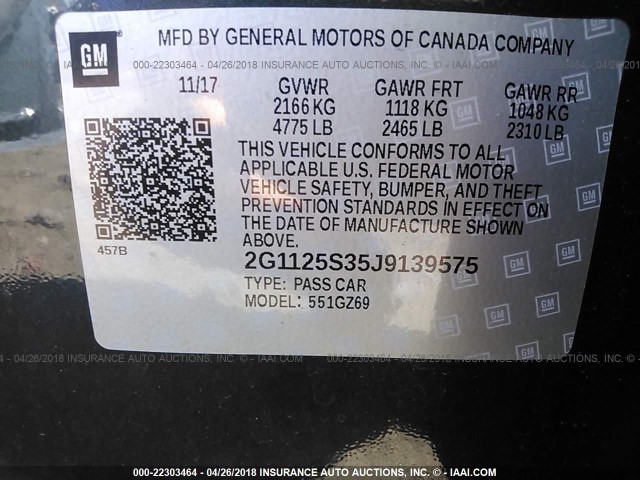 2G1125S35J9139575 - 2018 CHEVROLET IMPALA PREMIER GRAY photo 9