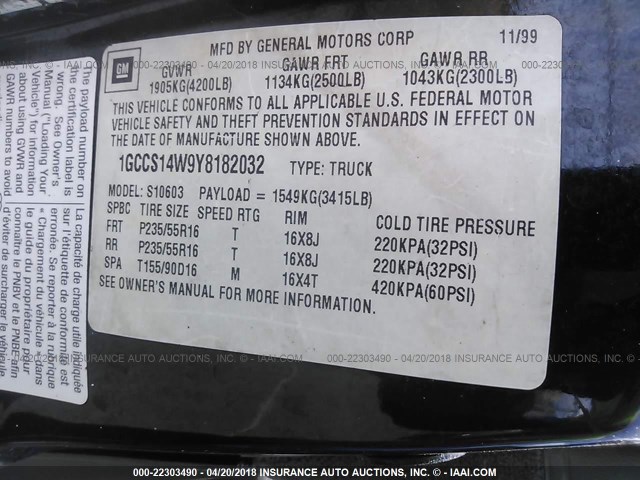 1GCCS14W9Y8182032 - 2000 CHEVROLET S TRUCK S10 BLACK photo 9