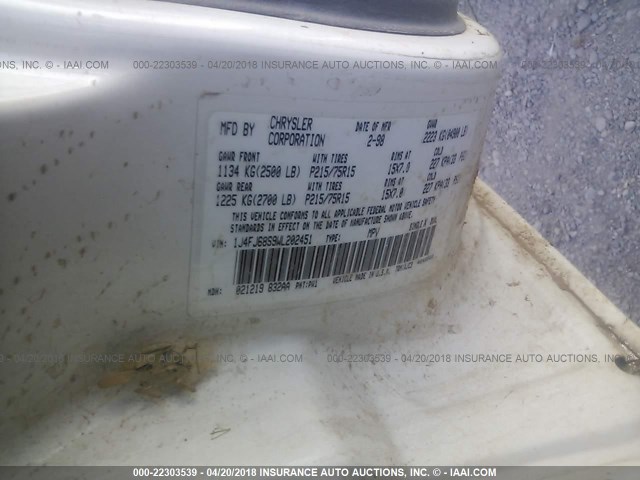 1J4FJ68S9WL202451 - 1998 JEEP CHEROKEE SPORT/CLASSIC თეთრი ფოტო 9